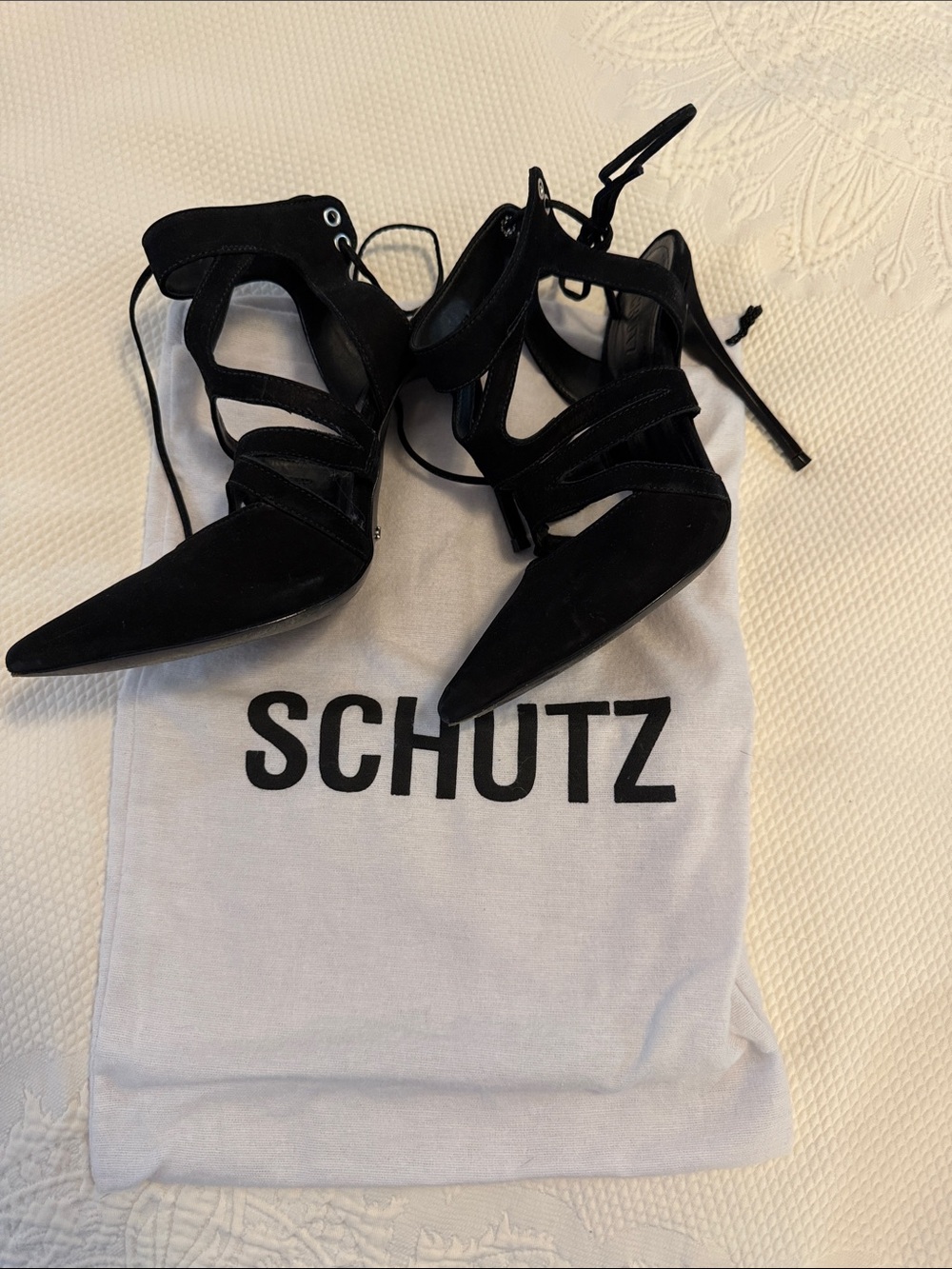 SCHUTZ Black Suede Lace-Up Back Stiletto Heels